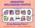 Gray Bunny Halloween animated Twitch emote pack featuring 10 emotes including angry, candy, kiss, and lurk.