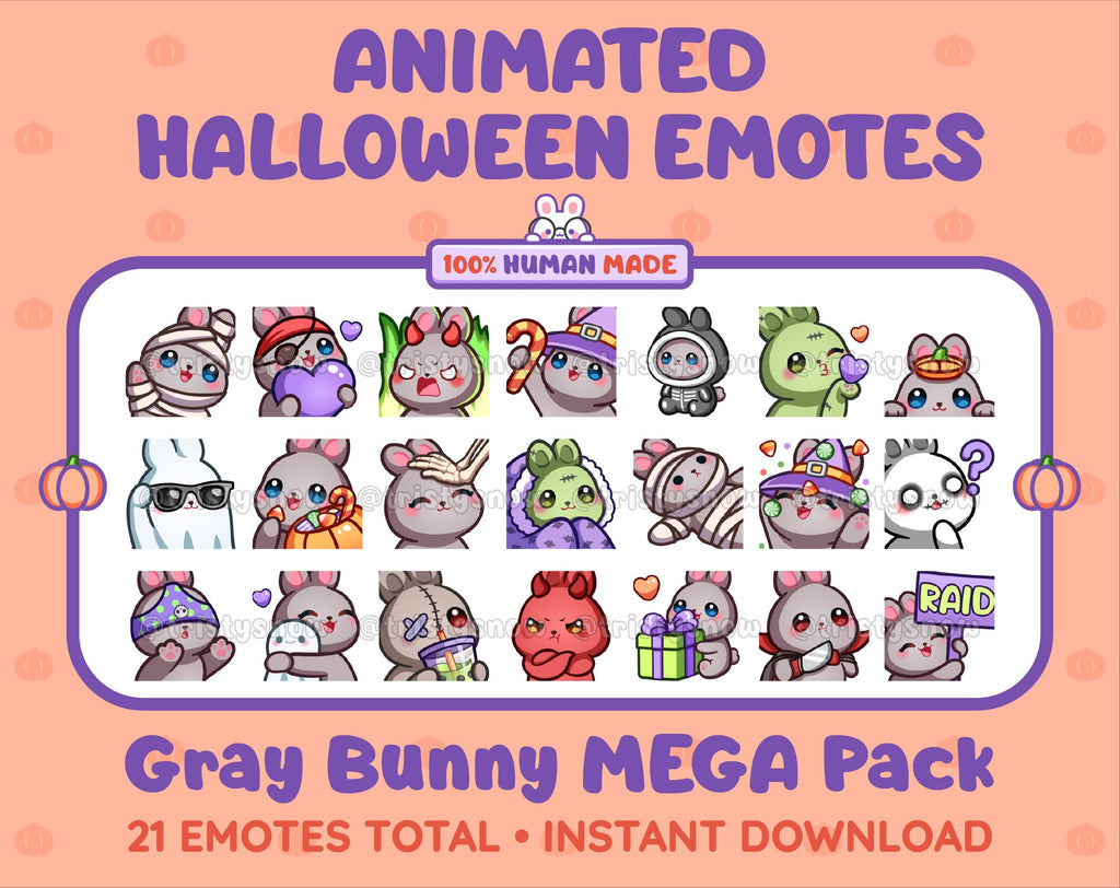 Gray Bunny Halloween animated Twitch emote mega pack featuring 21 emotes including hype, candy, kiss, and lurk.