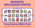 Gray Bunny Halloween animated Twitch emote mega pack featuring 21 emotes including hype, candy, kiss, and lurk.