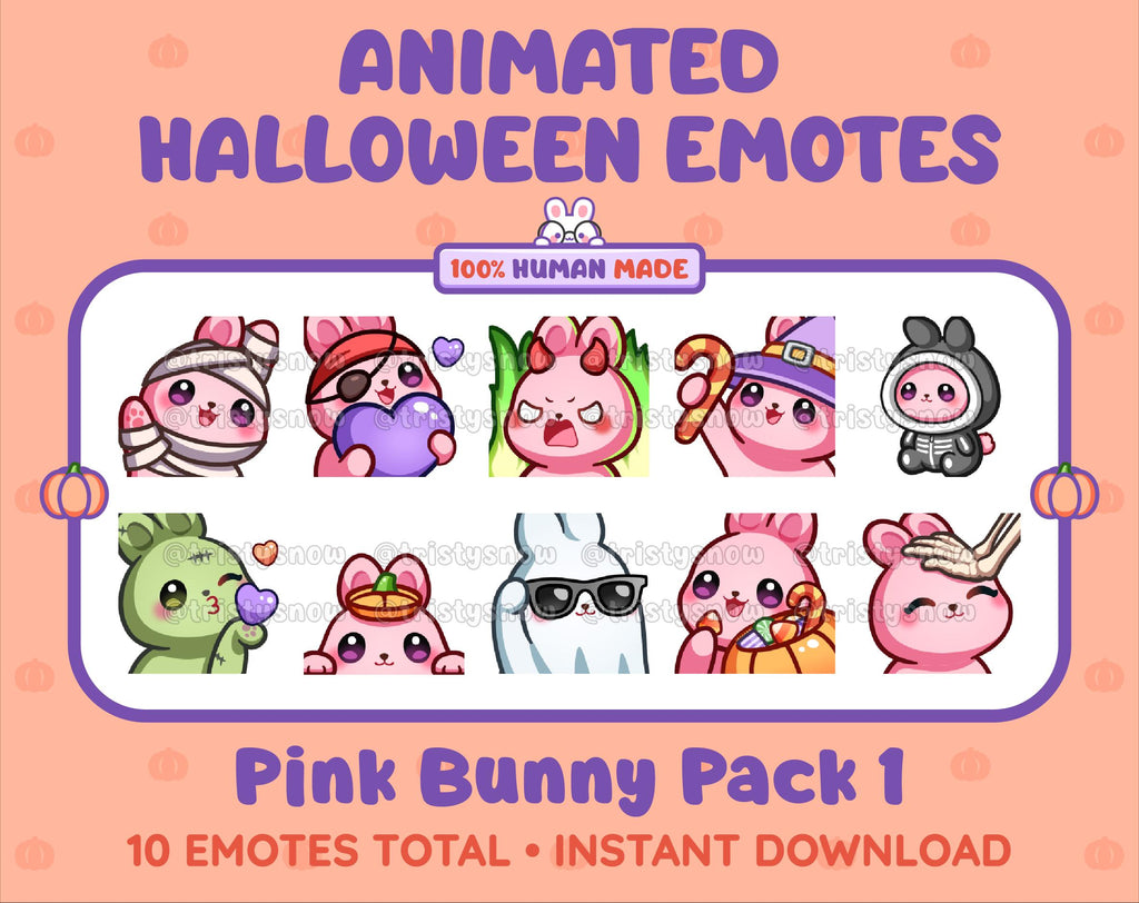 Pink Bunny Halloween animated Twitch emote pack featuring 10 emotes including angry, candy, kiss, and lurk.