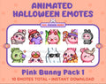 Pink Bunny Halloween animated Twitch emote pack featuring 10 emotes including angry, candy, kiss, and lurk.