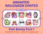 Pink Bunny Halloween animated Twitch emote pack featuring 10 emotes including angry, candy, kiss, and lurk.