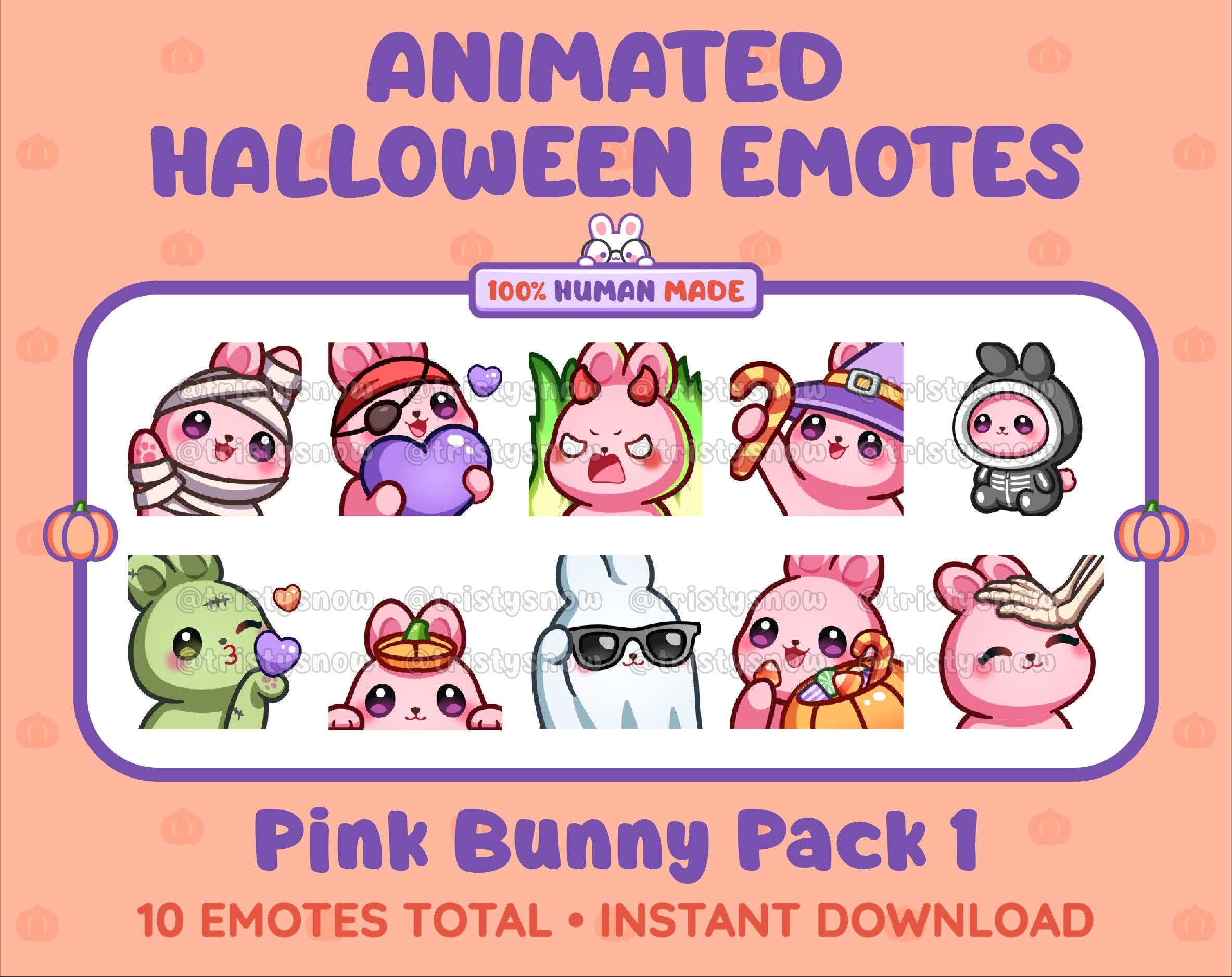 Pink Bunny Halloween animated Twitch emote pack featuring 10 emotes including angry, candy, kiss, and lurk.
