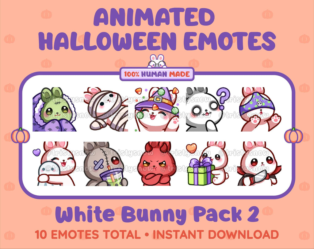 White Bunny Halloween animated Twitch emote pack featuring 10 emotes including hype, sip, hug, and pout.