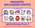 White Bunny Halloween animated Twitch emote pack featuring 10 emotes including hype, sip, hug, and pout.