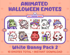 White Bunny Halloween animated Twitch emote pack featuring 10 emotes including hype, sip, hug, and pout.