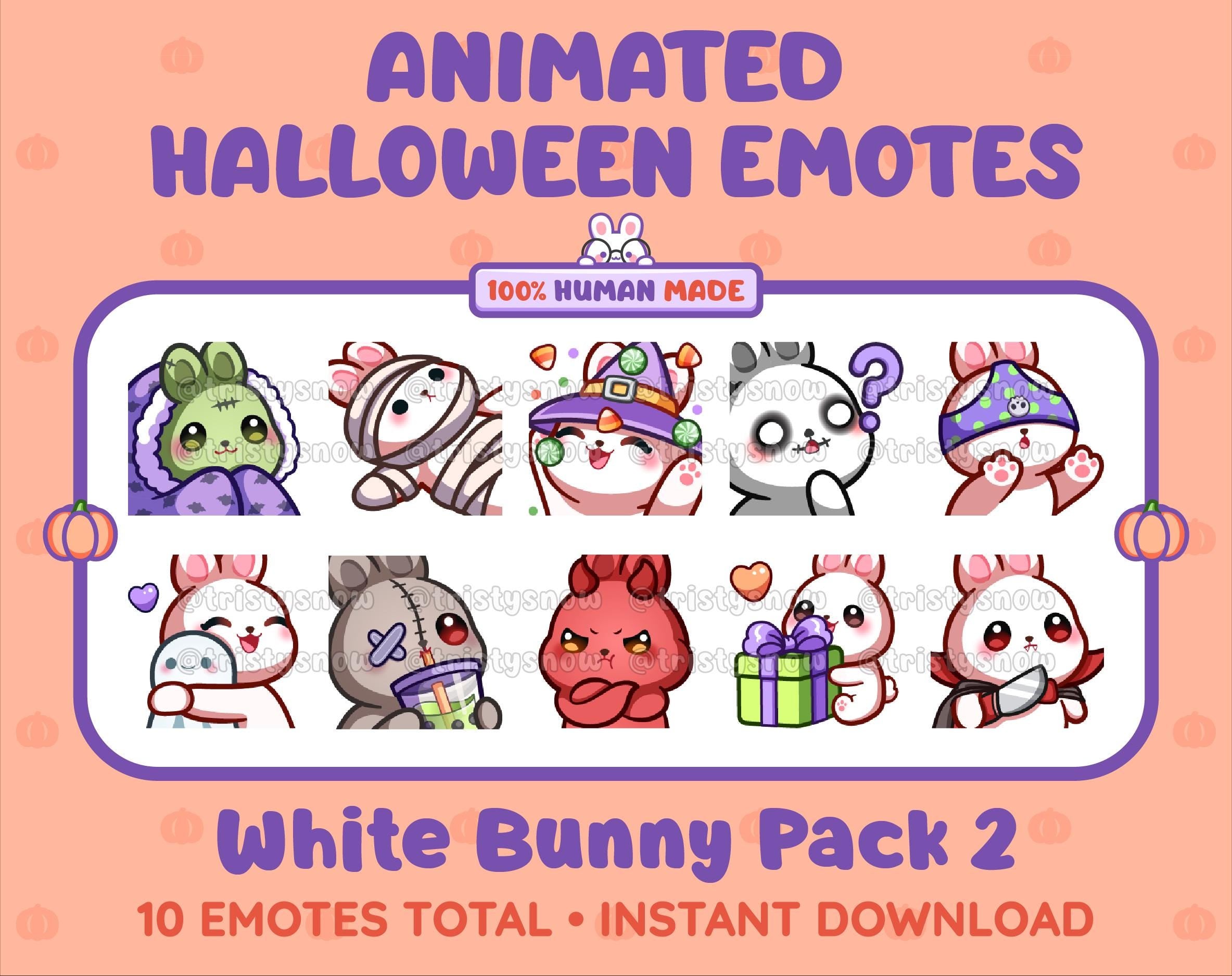 White Bunny Halloween animated Twitch emote pack featuring 10 emotes including hype, sip, hug, and pout.