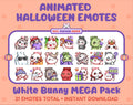 White Bunny Halloween animated Twitch emote mega pack featuring 21 emotes including hype, candy, kiss, and lurk.
