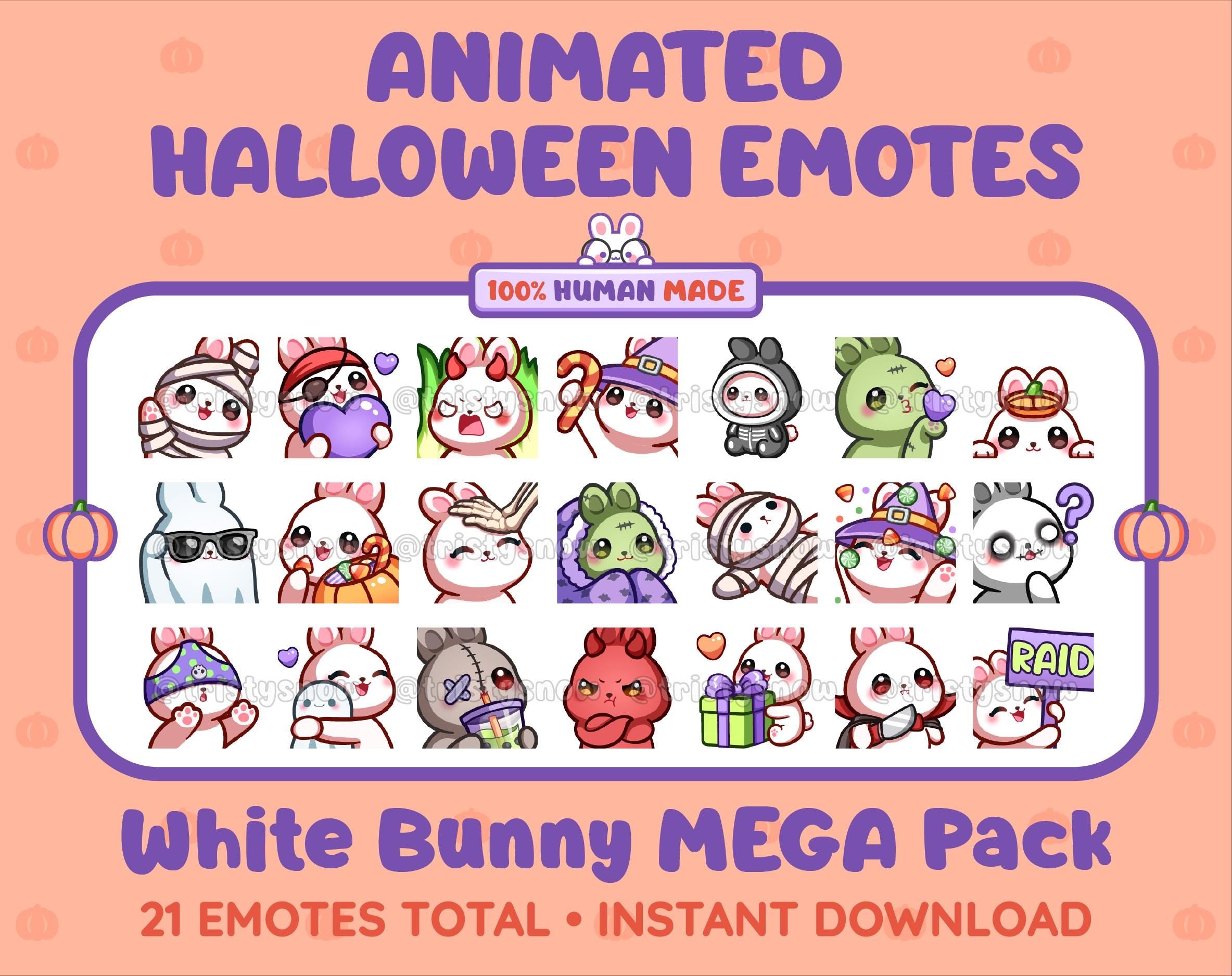 White Bunny Halloween animated Twitch emote mega pack featuring 21 emotes including hype, candy, kiss, and lurk.
