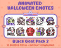 Black Goat Halloween animated Twitch emote pack featuring 10 emotes including hype, sip, hug, and pout.