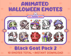 Black Goat Halloween animated Twitch emote pack featuring 10 emotes including hype, sip, hug, and pout.