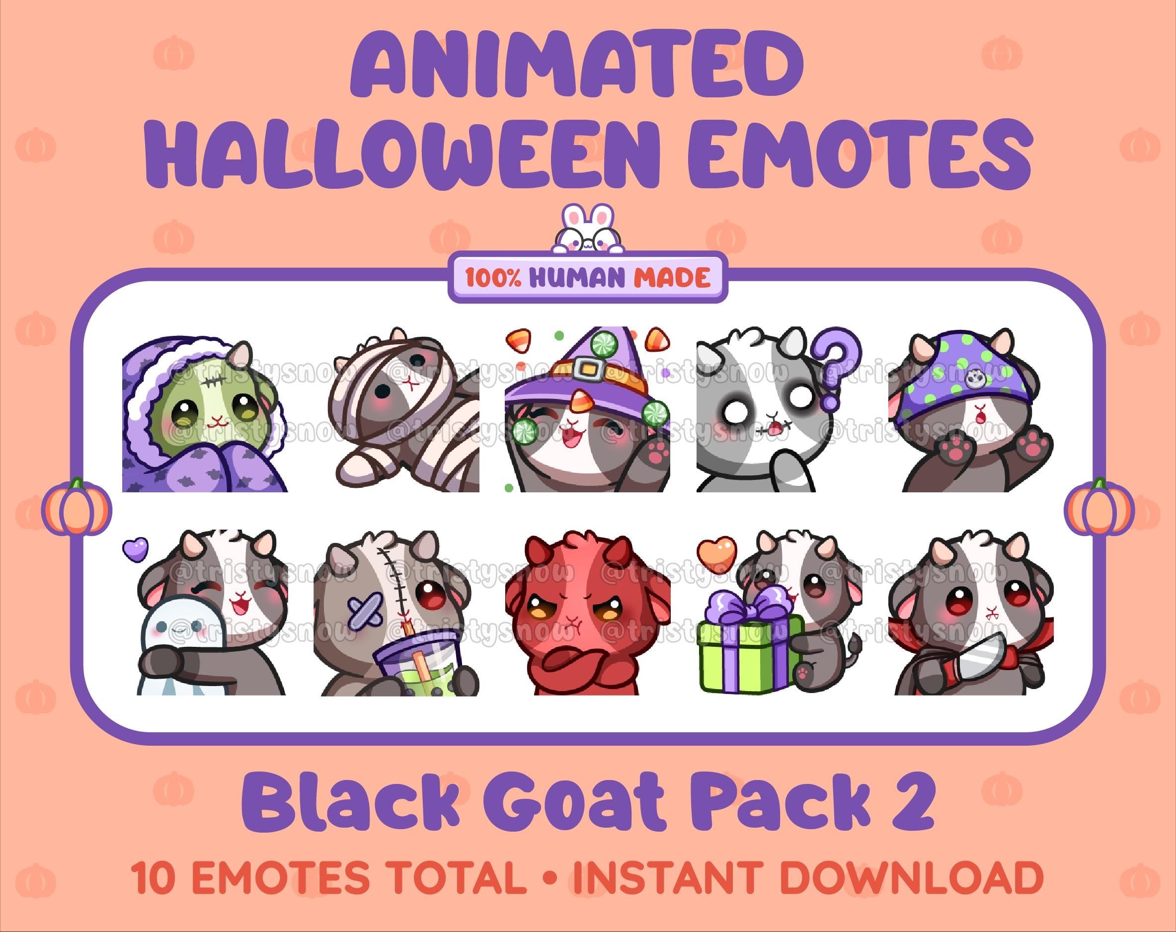 Black Goat Halloween animated Twitch emote pack featuring 10 emotes including hype, sip, hug, and pout.