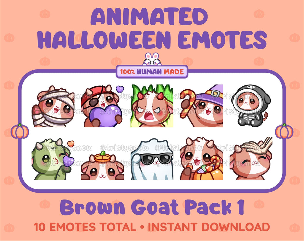 Brown Goat Halloween animated Twitch emote pack featuring 10 emotes including angry, candy, kiss, and lurk.
