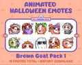 Brown Goat Halloween animated Twitch emote pack featuring 10 emotes including angry, candy, kiss, and lurk.