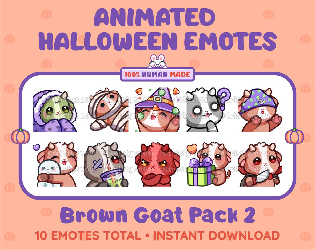 Brown Goat Halloween animated Twitch emote pack featuring 10 emotes including hype, sip, hug, and pout.