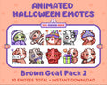Brown Goat Halloween animated Twitch emote pack featuring 10 emotes including hype, sip, hug, and pout.