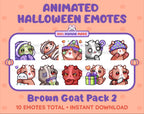 Brown Goat Halloween animated Twitch emote pack featuring 10 emotes including hype, sip, hug, and pout.