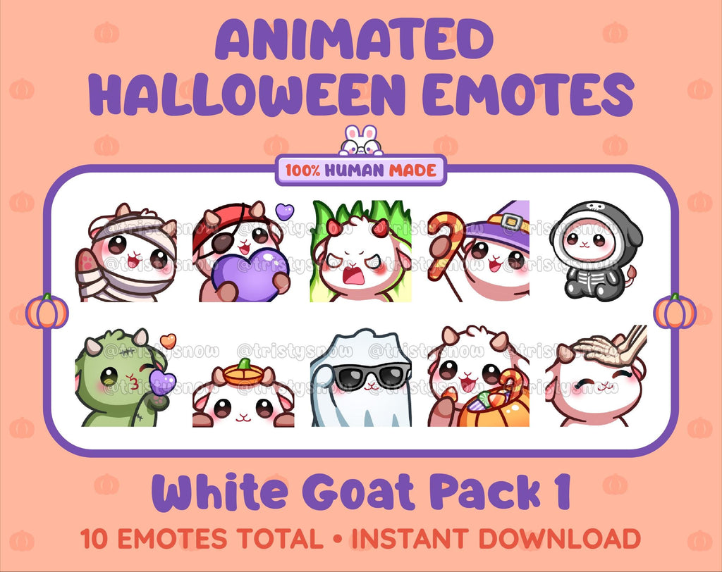 White Goat Halloween animated Twitch emote pack featuring 10 emotes including angry, candy, kiss, and lurk.