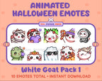 White Goat Halloween animated Twitch emote pack featuring 10 emotes including angry, candy, kiss, and lurk.