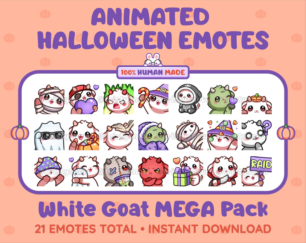 White Goat Halloween animated Twitch emote mega pack featuring 21 emotes including hype, candy, kiss, and lurk.
