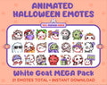 White Goat Halloween animated Twitch emote mega pack featuring 21 emotes including hype, candy, kiss, and lurk.