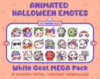 White Goat Halloween animated Twitch emote mega pack featuring 21 emotes including hype, candy, kiss, and lurk.