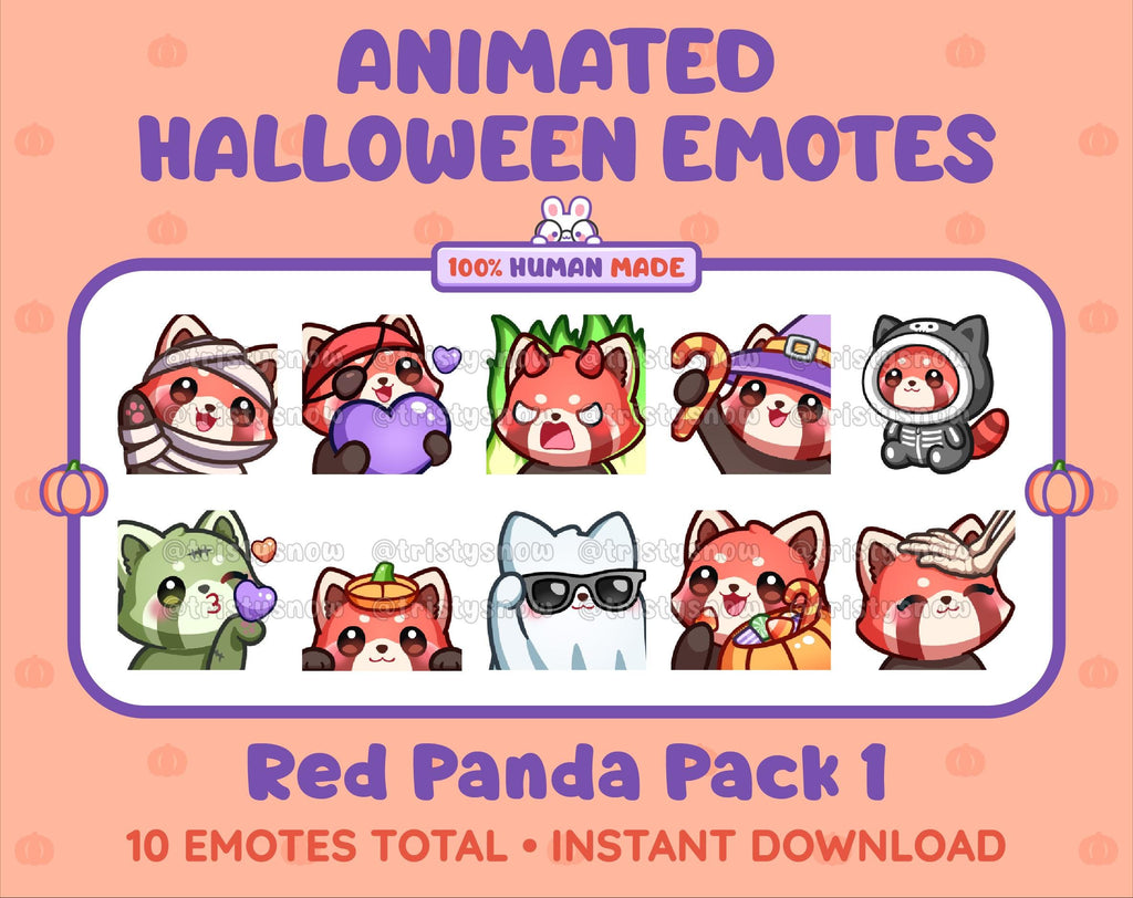 Red Panda Halloween animated Twitch emote pack featuring 10 emotes including angry, candy, kiss, and lurk.