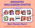 Red Panda Halloween animated Twitch emote pack featuring 10 emotes including angry, candy, kiss, and lurk.