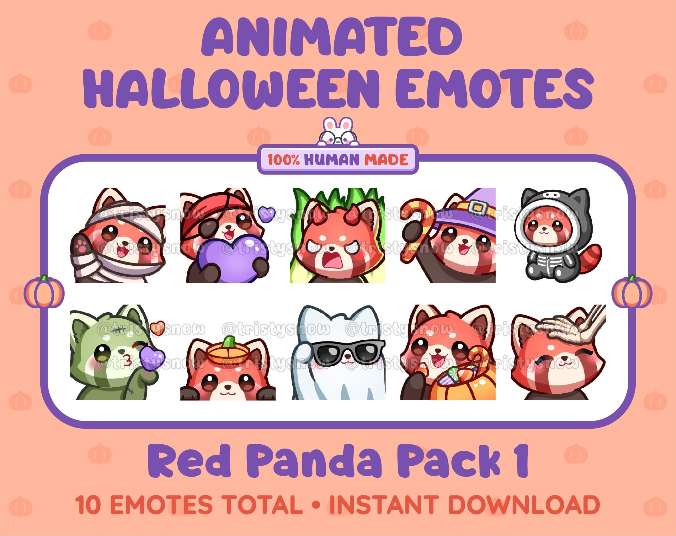 Red Panda Halloween animated Twitch emote pack featuring 10 emotes including angry, candy, kiss, and lurk.
