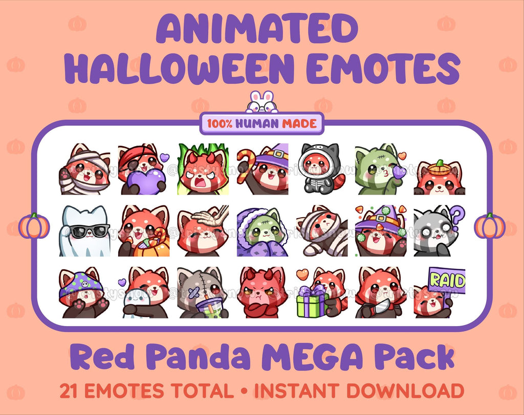 Red Panda Halloween animated Twitch emote mega pack featuring 21 emotes including hype, candy, kiss, and lurk.