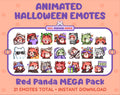 Red Panda Halloween animated Twitch emote mega pack featuring 21 emotes including hype, candy, kiss, and lurk.