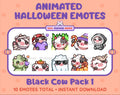 Black Cow Halloween animated Twitch emote pack featuring 10 emotes including angry, candy, kiss, and lurk.