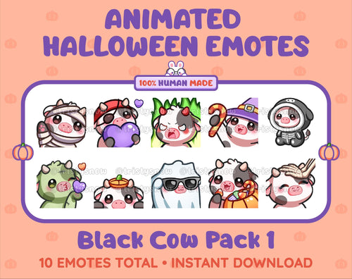 Black Cow Halloween animated Twitch emote pack featuring 10 emotes including angry, candy, kiss, and lurk.