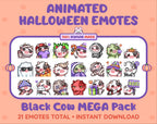 Black Cow Halloween animated Twitch emote mega pack featuring 21 emotes including hype, candy, kiss, and lurk.