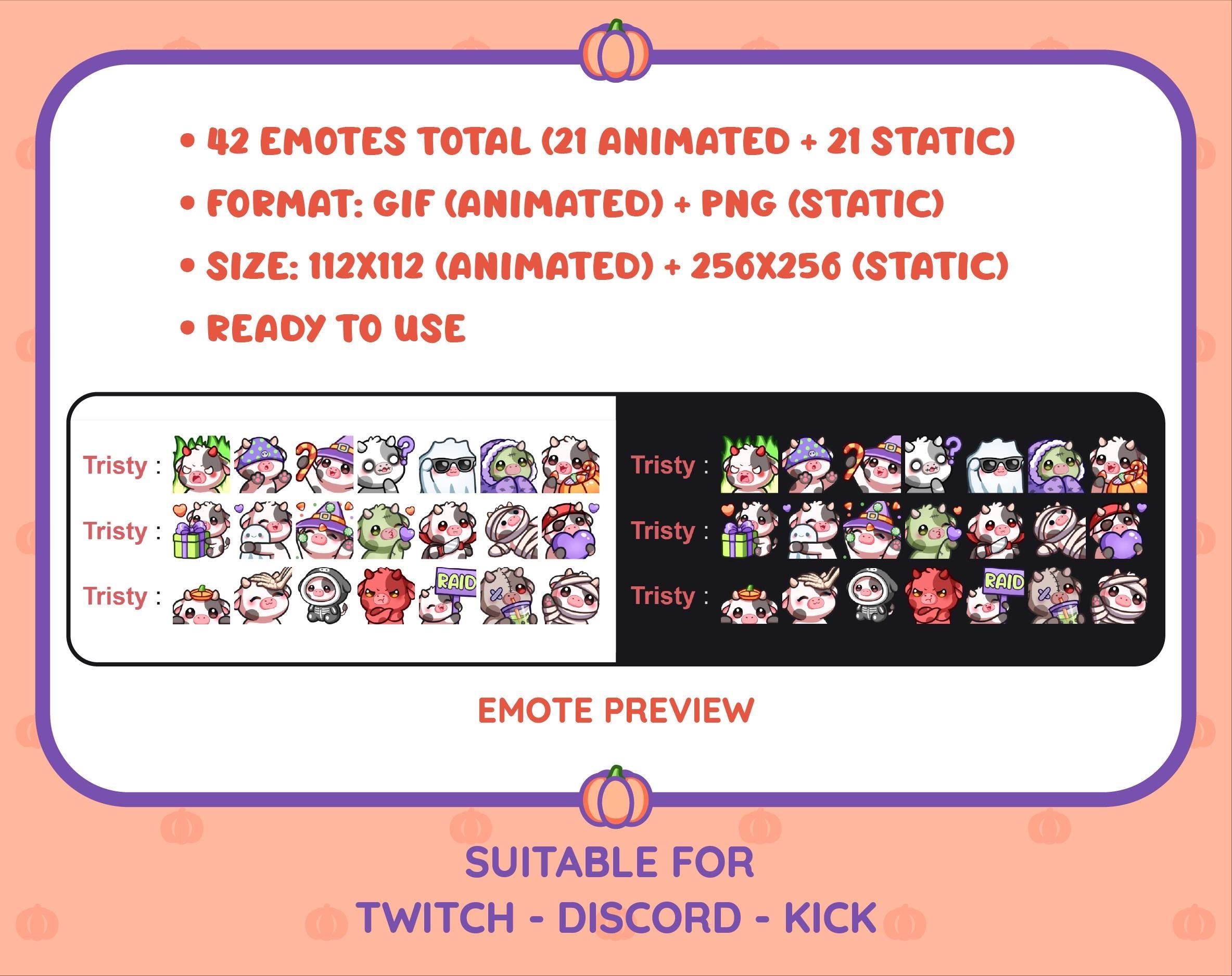 Black Cow Halloween animated Twitch emote mega pack preview displaying all 21 emotes with format and size information.