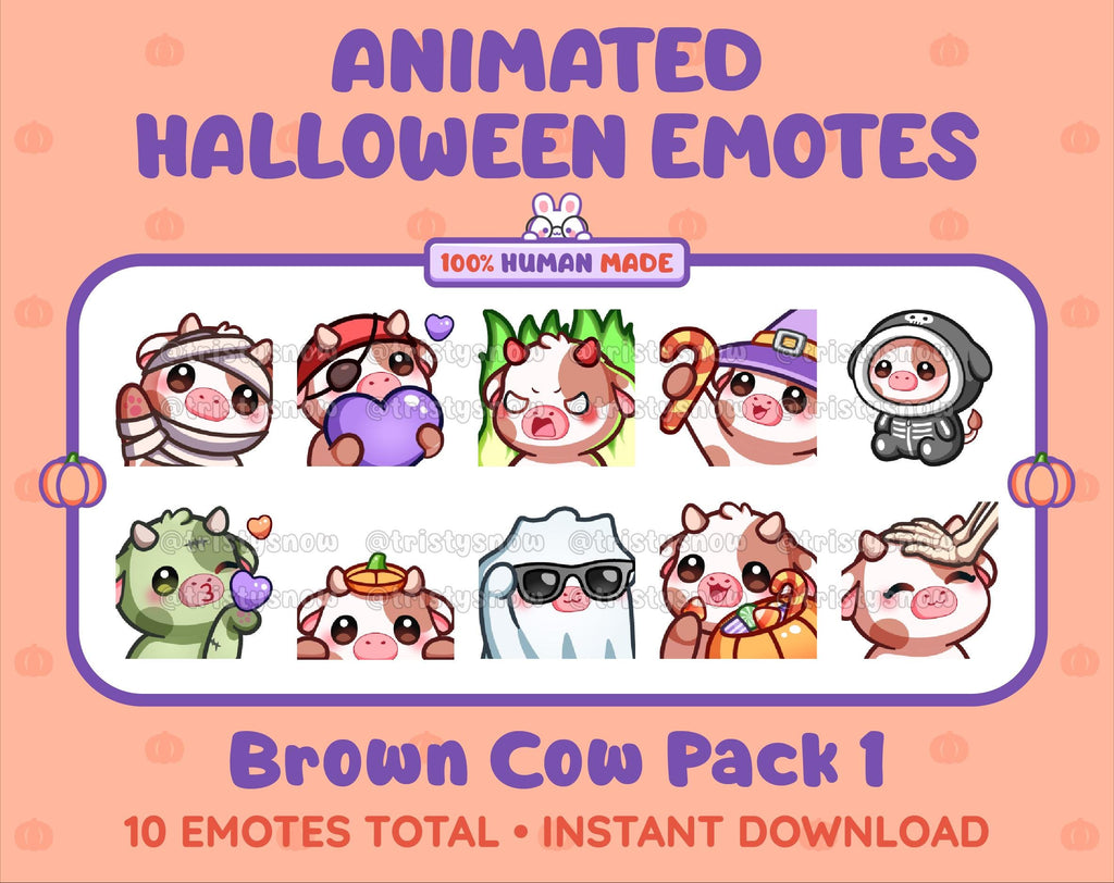 Brown Cow Halloween animated Twitch emote pack featuring 10 emotes including angry, candy, kiss, and lurk.