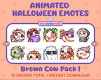 Brown Cow Halloween animated Twitch emote pack featuring 10 emotes including angry, candy, kiss, and lurk.