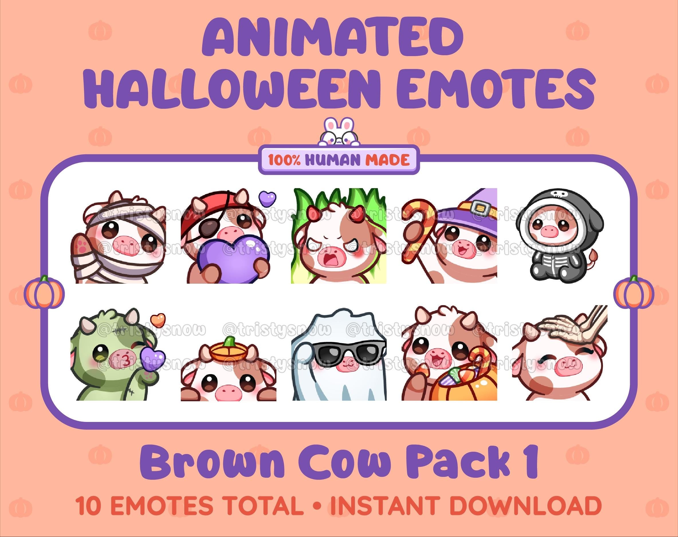Brown Cow Halloween animated Twitch emote pack featuring 10 emotes including angry, candy, kiss, and lurk.