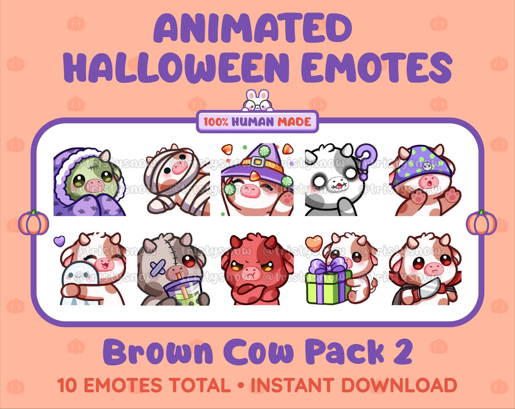 Brown Cow Halloween animated Twitch emote pack featuring 10 emotes including hype, sip, hug, and pout.