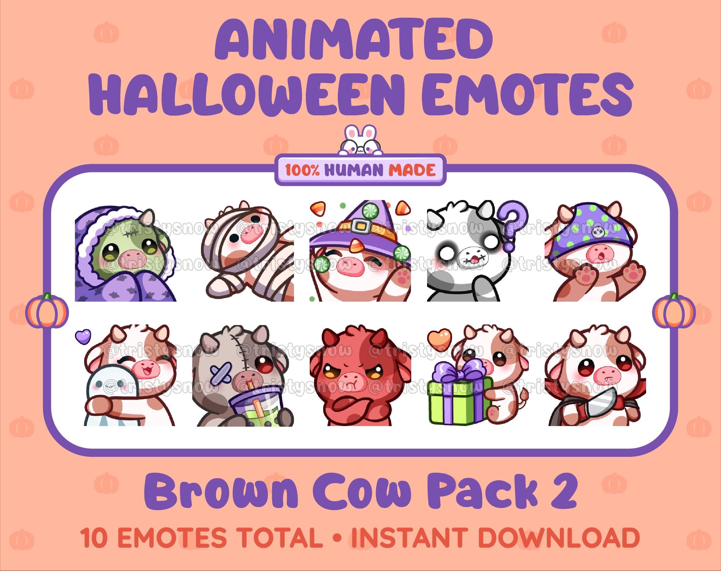 Brown Cow Halloween animated Twitch emote pack featuring 10 emotes including hype, sip, hug, and pout.