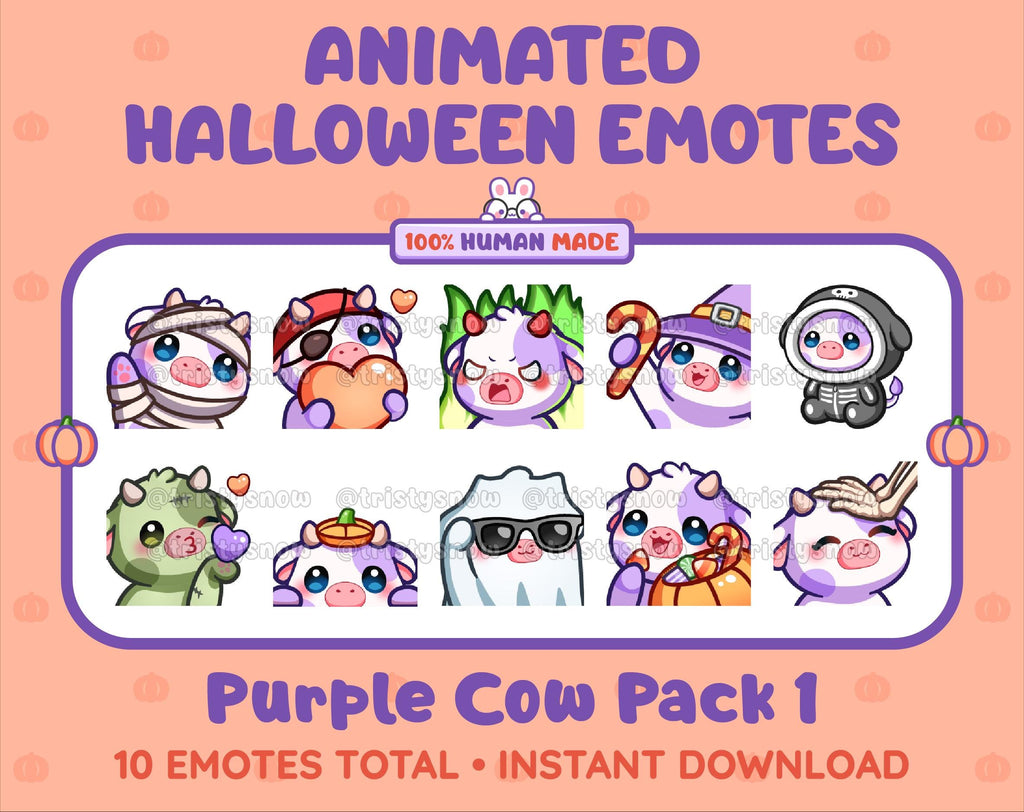 Purple Cow Halloween animated Twitch emote pack featuring 10 emotes including angry, candy, kiss, and lurk.