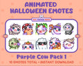 Purple Cow Halloween animated Twitch emote pack featuring 10 emotes including angry, candy, kiss, and lurk.