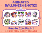 Purple Cow Halloween animated Twitch emote pack featuring 10 emotes including angry, candy, kiss, and lurk.