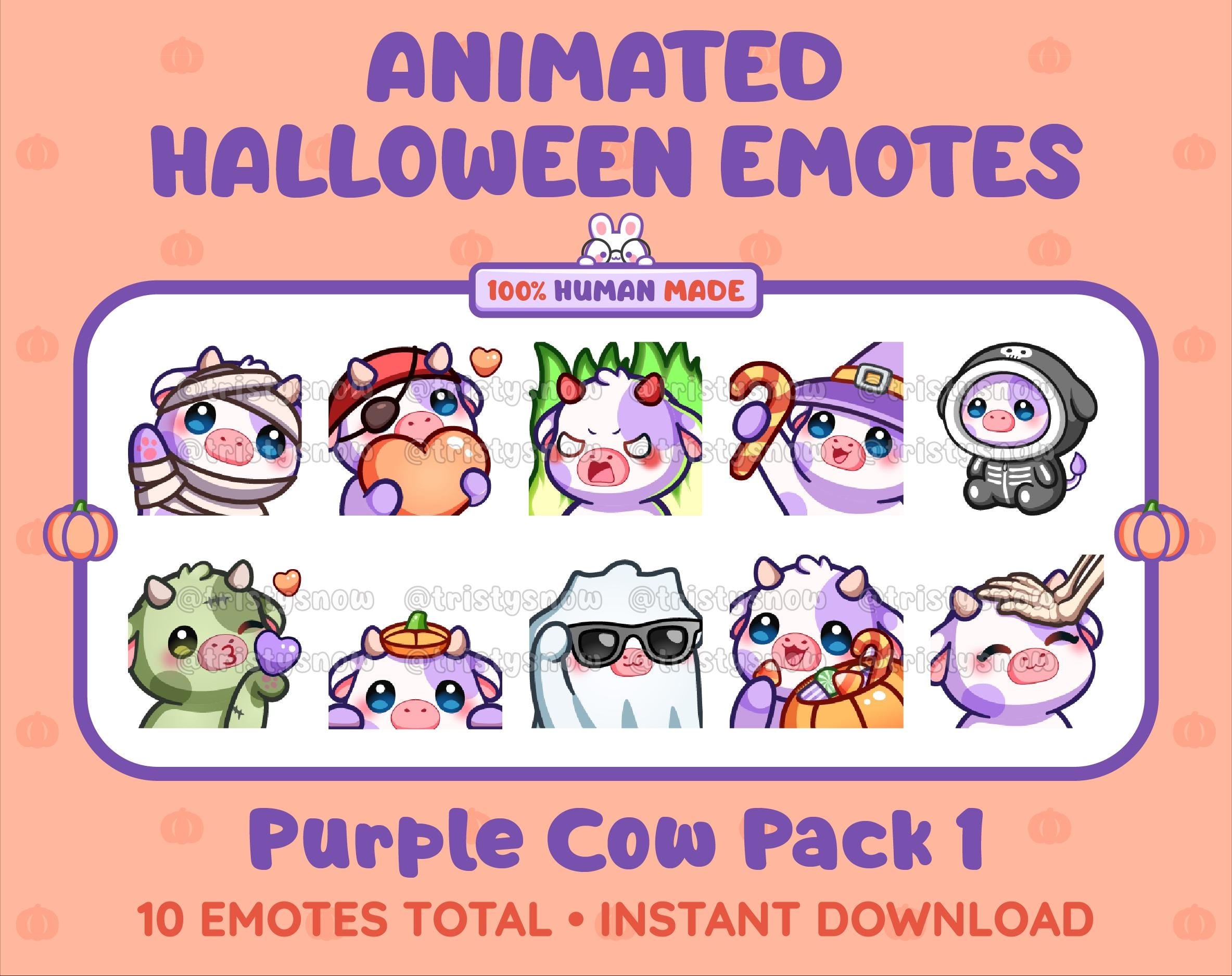 Purple Cow Halloween animated Twitch emote pack featuring 10 emotes including angry, candy, kiss, and lurk.