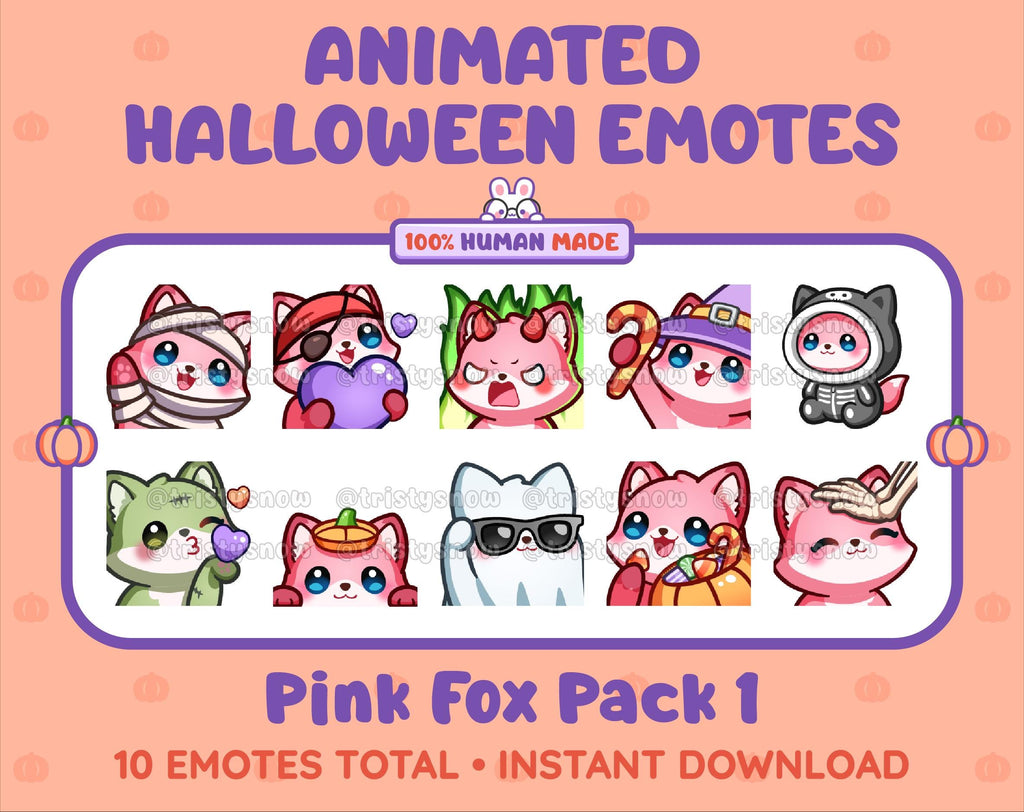 Pink Fox Halloween animated Twitch emote pack featuring 10 emotes including angry, candy, kiss, and lurk.