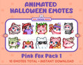 Pink Fox Halloween animated Twitch emote pack featuring 10 emotes including angry, candy, kiss, and lurk.