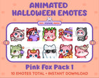 Pink Fox Halloween animated Twitch emote pack featuring 10 emotes including angry, candy, kiss, and lurk.