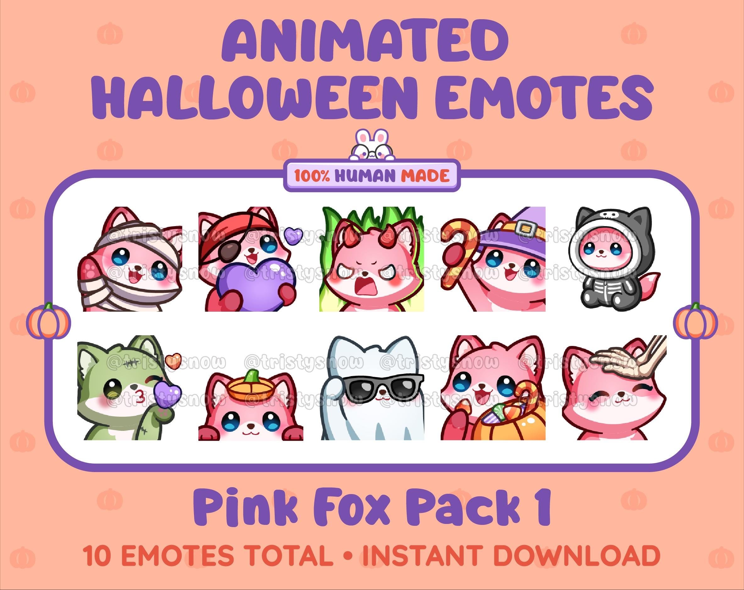 Pink Fox Halloween animated Twitch emote pack featuring 10 emotes including angry, candy, kiss, and lurk.