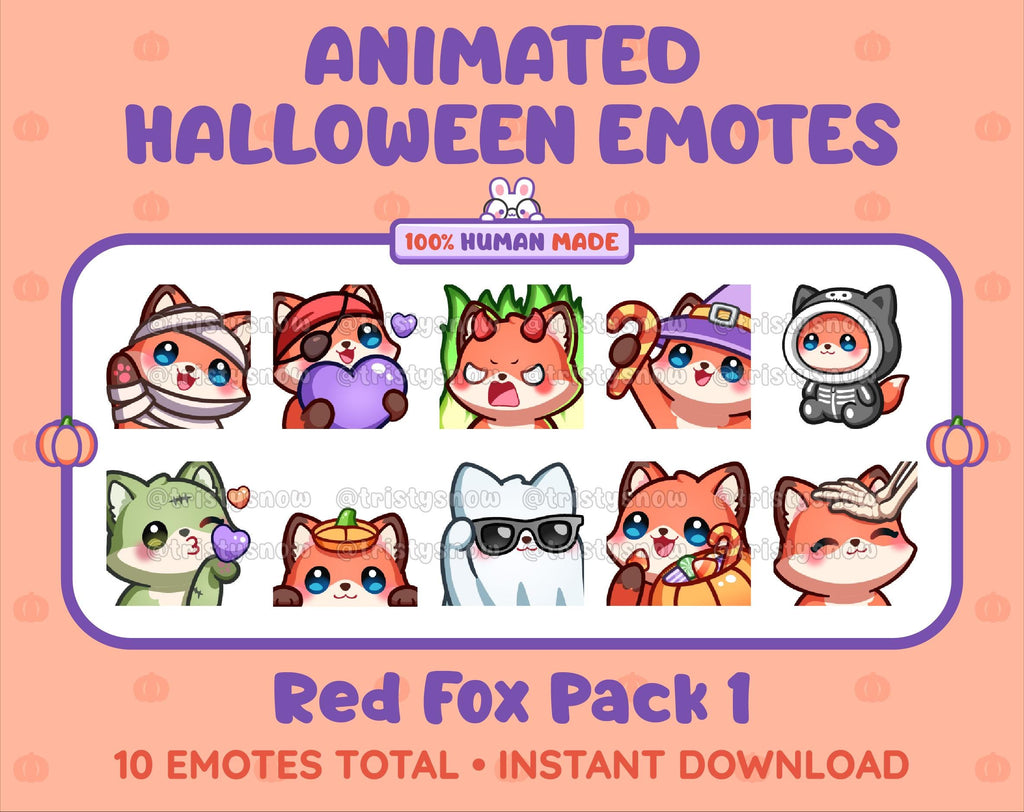 Red Fox Halloween animated Twitch emote pack featuring 10 emotes including angry, candy, kiss, and lurk.