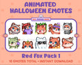 Red Fox Halloween animated Twitch emote pack featuring 10 emotes including angry, candy, kiss, and lurk.